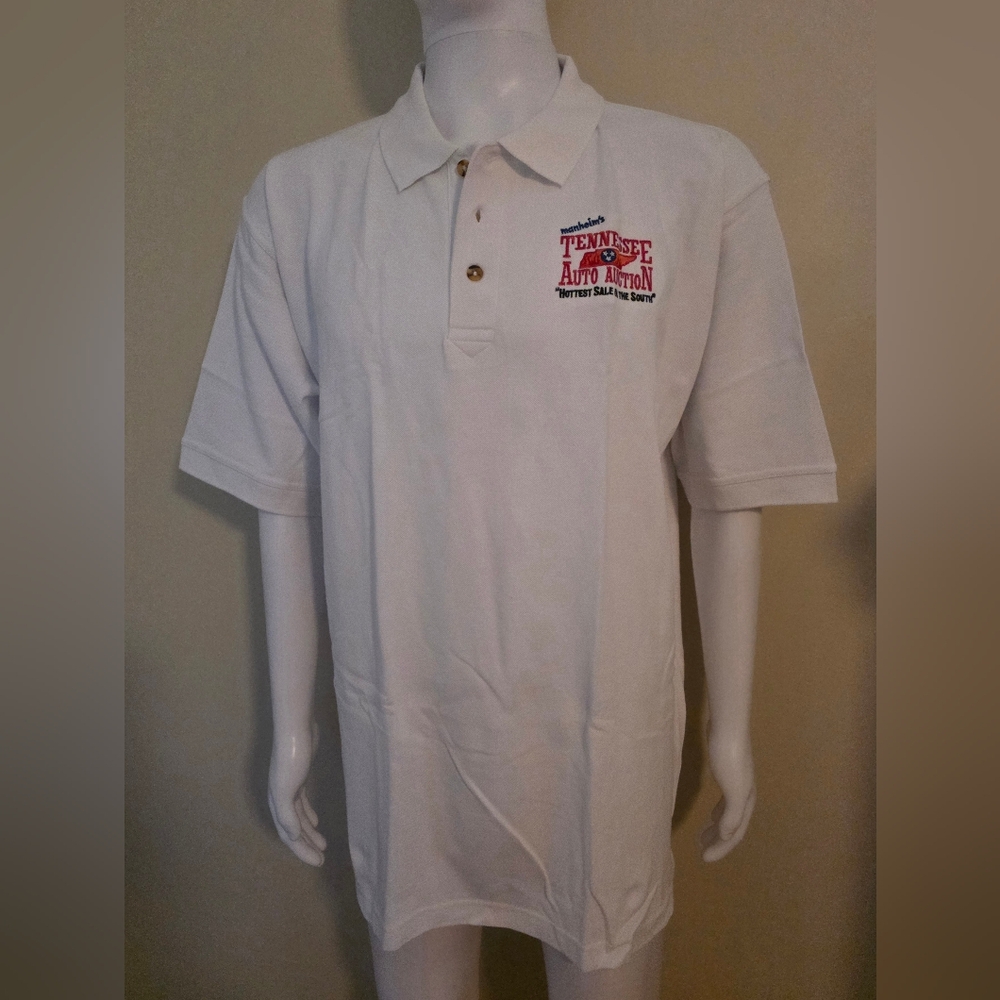 Head To Toe White Polo Shirt with Red Embroidery Tennessee Auto Auction.